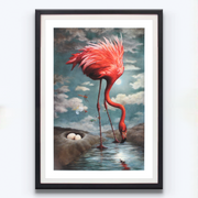 Moonraker Flamingo with Eggs and Insects Lucy Eglington Surrelist Hyperrealism Artworks Jungle Scene Animal Limited Edition Fine Art Prints Boyd-Dunlop Gallery Hastings Street Hawke's Bay black frame