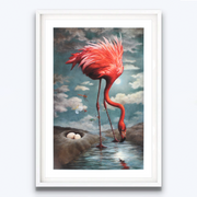 Moonraker Flamingo with Eggs and Insects Lucy Eglington Surrelist Hyperrealism Artworks Jungle Scene Animal Limited Edition Fine Art Prints Boyd-Dunlop Gallery Hastings Street Hawke's Bay white frame