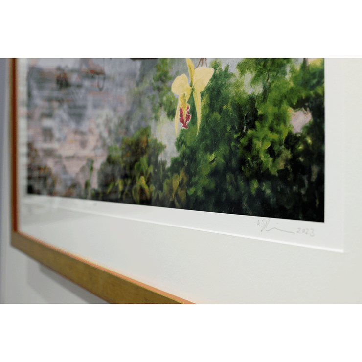 Lucy Eglington Surrelist Hyperrealism Artworks Jungle Scene Animal Limited Edition Fine Art Prints with Gold Frame and Non-Reflective Glass Boyd-Dunlop Gallery Hastings Street Hawke's Bay Detail Signature