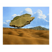 Floating earth over landscape The Wandering Land, 1974 by New Zealand Painter Brent Wong Limited Edition Fine Art Giclee Prints in Surrealism RealismNew Zealand Painter Brent Wong Limited Edition Fine Art Giclee Prints in Surrealism Realism Brent Wong Limited Edition Prints Boyd-Dunlop Gallery Matrix Napier Hastings Street Painting Clouds