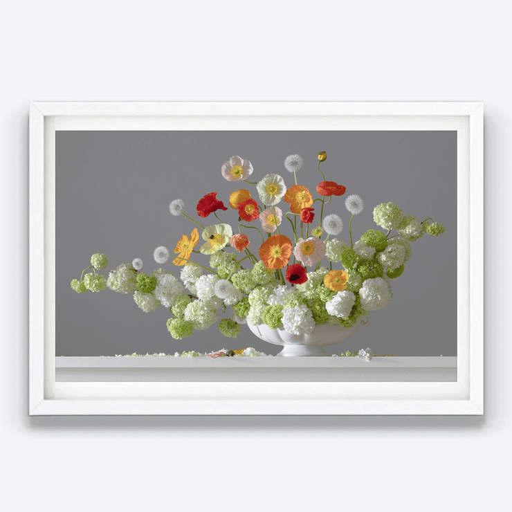 green, yellow, orange, and white flowers bouquet in white vase, Boyd-Dunlop Gallery Napier Hawkes Bay Emma Bass Photographic Print Fine Art Print Giclee Floral Flowers Vase Limited Edition