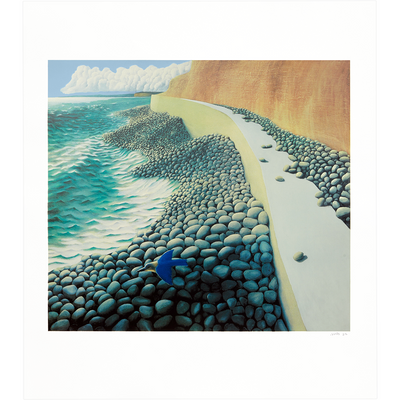 Seawall and Kingfisher Limited Edition Screenprint Seaside View with Bird by New Zealand Artist Michael Smither