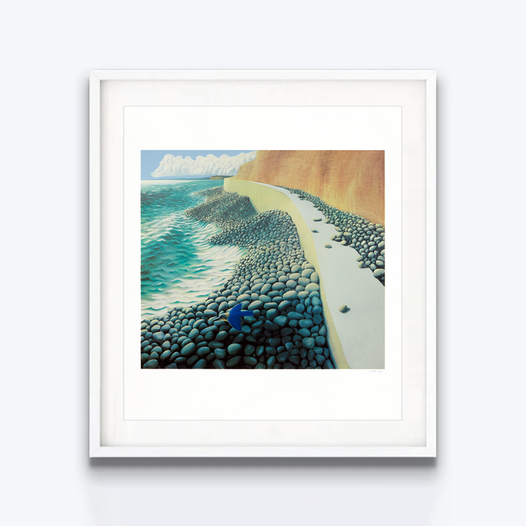 Seawall and Kingfisher Limited Edition Screenprint Seaside View with Bird by New Zealand Artist Michael Smither in White Frame