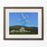 Chestnut framed Floating shapes above concrete structure of a house within a landscape of hills titled Matrix, 1971  New Zealand Painter Brent Wong Limited Edition Fine Art Giclee Prints in Surrealism Realism