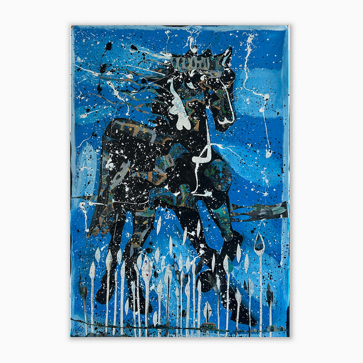 Richard Boyd-Dunlop Acrylic on Canvas Glitter Dust Painting Abstract Introduction Paintings Boyd-Dunlop Gallery Contemporary Fine Art Hawkes Bay Napier Hastings Street Art Dealer Artsist Painter Art Collection Large Paintings Colourful Exhibition Canvas Collage Metallic art dealer art collections blue horse large painting