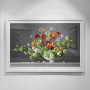 green, yellow, orange, and white flowers bouquet in white vase, Boyd-Dunlop Gallery Napier Hawkes Bay Emma Bass Photographic Print Fine Art Print Giclee Floral Flowers Vase Limited Edition