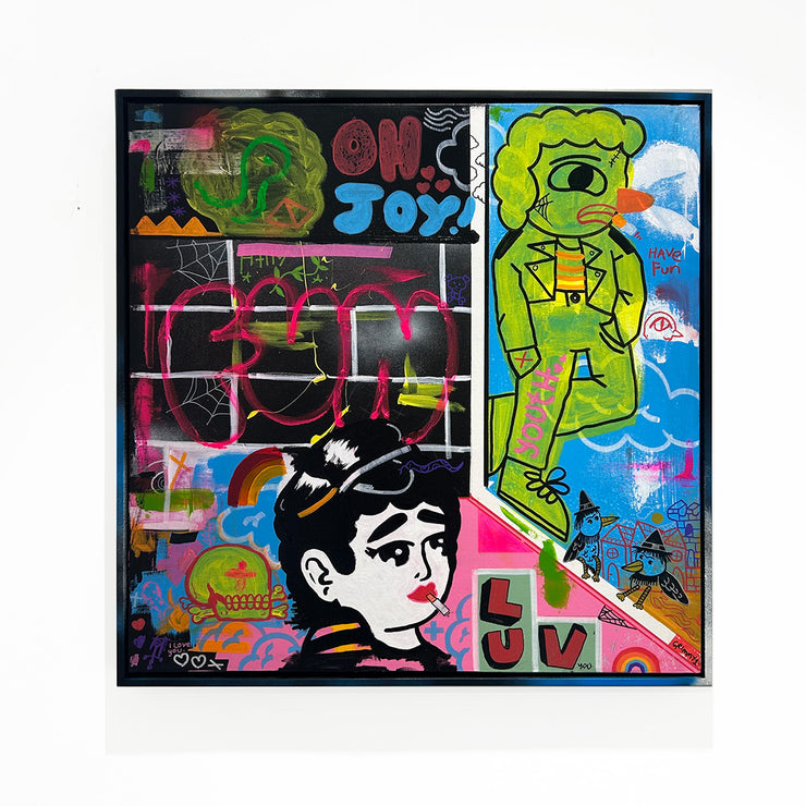 Grimoire Hayden Burgess Colourful Illustration Original Acrylic Painting on Canvas with Joyful Colours and Flowers at Boyd-Dunlop Gallery Hawke's Bay Hastings Street artt collector street art tatto art urban art pop art dealer art collector collection 