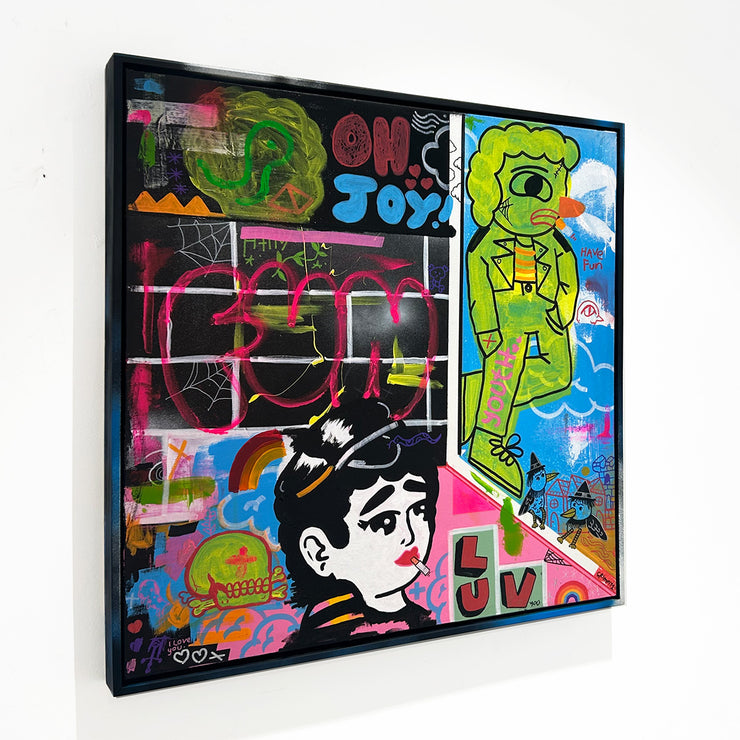 Grimoire Hayden Burgess Colourful Illustration Original Acrylic Painting on Canvas with Joyful Colours and Flowers at Boyd-Dunlop Gallery Hawke's Bay Hastings Street artt collector street art tatto art urban art pop art dealer art collector collection 