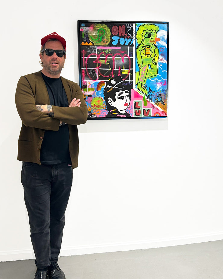 Grimoire Hayden Burgess Colourful Illustration Original Acrylic Painting on Canvas with Joyful Colours and Flowers at Boyd-Dunlop Gallery Hawke's Bay Hastings Street artt collector street art tatto art urban art pop art dealer art collector collection 