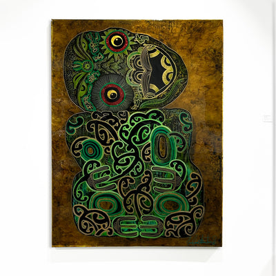 Jimmy James Kouratoras Maori Art Greek Indigenous New Zealand Aotearoa Resin Large Scale Tiki Painting Exhibition Sculpture original acrylic on canvas painting at Boyd-Dunlop Gallery Hawkes Bay Hastings Street Napier art Collection NZ art Tiki Art Dealer 