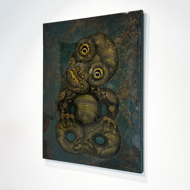 Jimmy James Kouratoras Maori Art Greek Indigenous New Zealand Aotearoa Resin Large Scale Tiki Painting Exhibition Sculpture original acrylic on canvas painting at Boyd-Dunlop Gallery Hawkes Bay Hastings Street Napier art Collection NZ art Tiki Art Dealer 