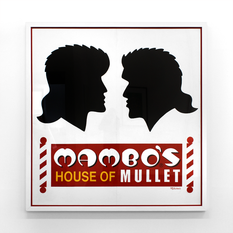 Jim Mitchell Mambo Rubber Soul Exhibition Original Poster Paintings at Boyd-Dunlop Gallery titled House of Mullet, 2017 signage work acrylic on plywood, framed in perspex