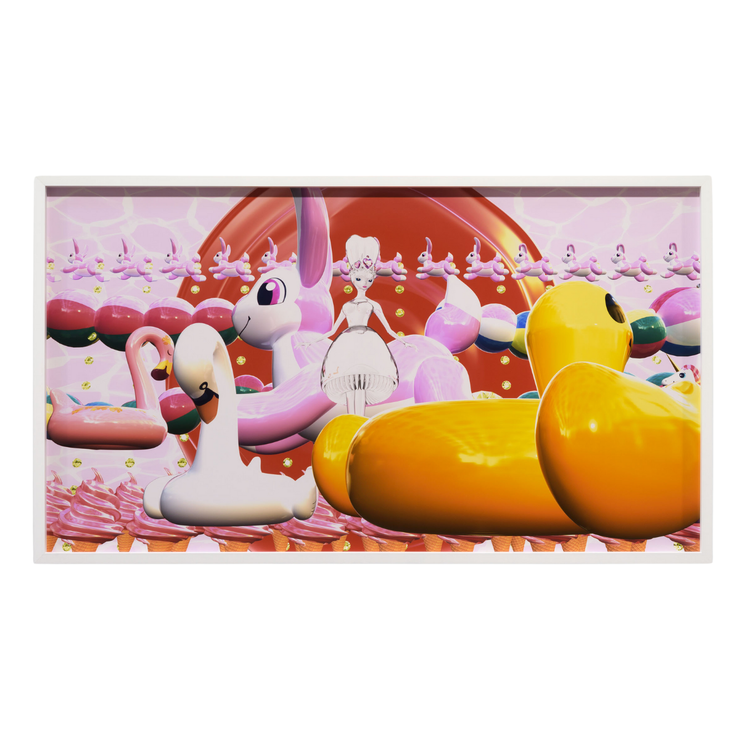 Hye Rim Lee Limited Edition Colourful Digital Prints Animation Still at Boyd-Dunlop Gallery Hawkes Bay 4 Hastings Street Napier floating dream red rose pink water bunny duck swan