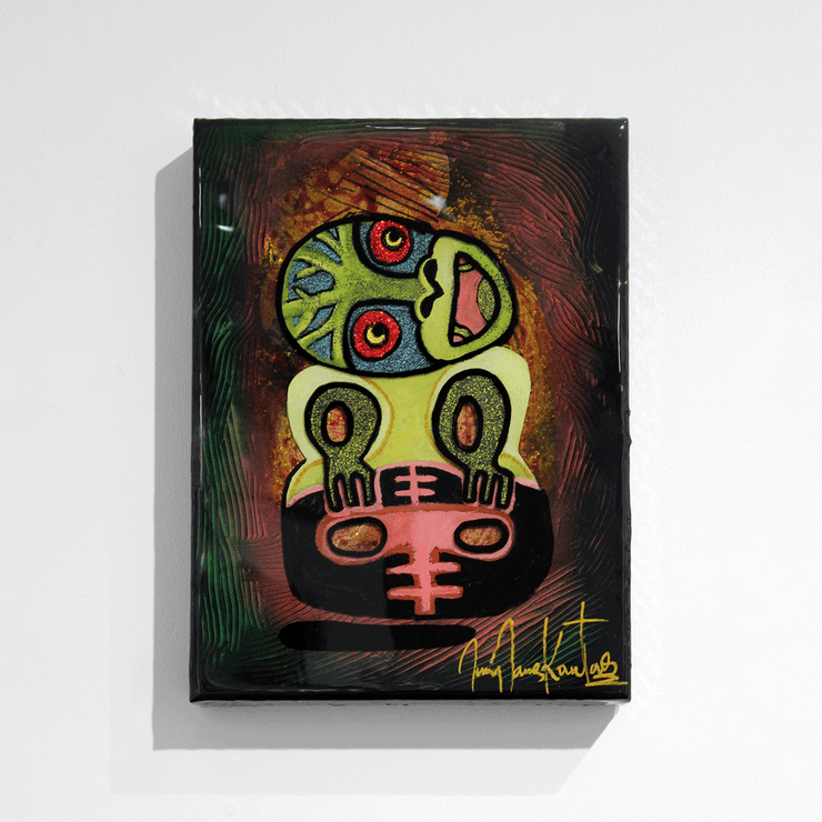 Jimmy James Kouratoras Maori Art Greek Indigenous New Zealand Aotearoa Resin Large Scale Tiki Painting Exhibition Sculpture original acrylic on canvas painting at Boyd-Dunlop Gallery Hawkes Bay Hastings Street Napier