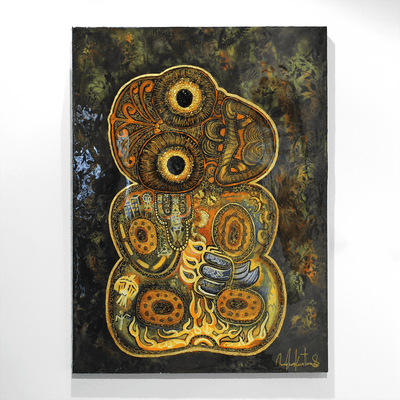 Jimmy James Kouratoras Maori Art Greek Indigenous New Zealand Aotearoa Resin Large Scale Tiki Painting Exhibition Sculpture original acrylic on canvas painting at Boyd-Dunlop Gallery Hawkes Bay Hastings Street Napier