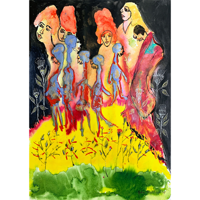 Boyd-Dunlop Gallery Napier Hawkes Bay John Boyd-Dunlop Painting Figures Humanity Drawing Gouache Ink Figures, Napier Hastings Street Boyd-Dunlop Gallery Napier woman head flowers portrait Art Dealer art collector collection originals framing framed art