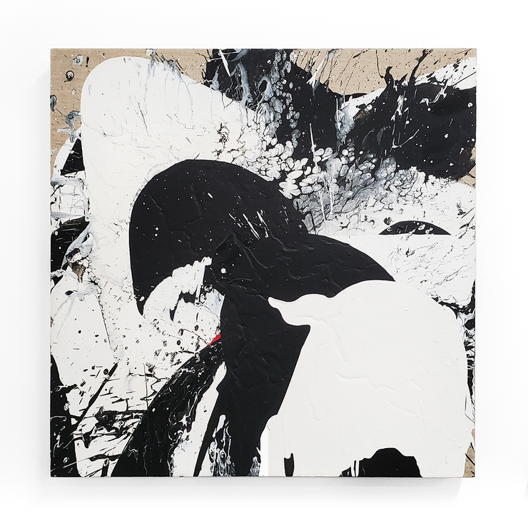 MAX GIMBLLETT  Moby Dick, For Colin McCahon, Painter, Poet  acrylic polymer on board  signed Max Gimblett, dated 1988, and inscribed "Moby Dick - For Colin McCahon Painter and Poet, Acrylic Polymer" in ink verso (each panel)  765 x 765 mm (widest points, each panel) black and white abstract exressionism geometric wooden shapes at Boyd-unlop Gallery Arts recinct Hastings Street Napier Hawkes Bay