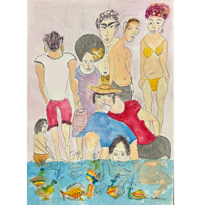 Boyd-Dunlop Gallery Napier Hawkes Bay John Boyd-Dunlop Painting Figures Humanity Drawing Gouache Ink Figures, Napier Hastings Street Boyd-Dunlop Gallery Napier woman head flowers portrait ARt Dealer art collector collection originals 
