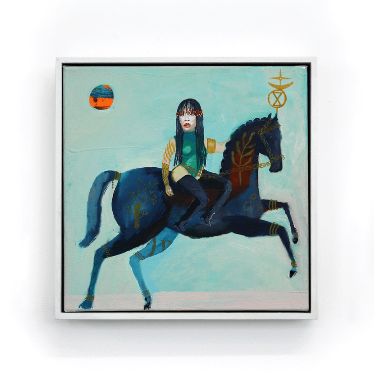 Rakai Karaitiana Maori Art Narrative of Settlers through the significance of the horse framed original acrylic on canvas painting at Boyd-Dunlop Gallery Hawkes Bay Hastings Street Napier