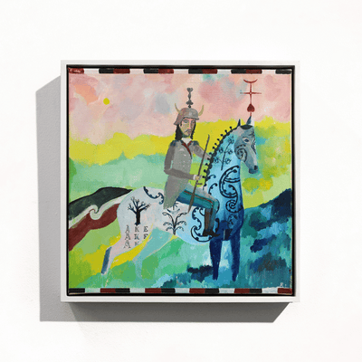 Rakai Karaitiana Maori Art Narrative of Settlers through the significance of the horse framed original acrylic on canvas painting at Boyd-Dunlop Gallery Hawkes Bay Hastings Street Napier