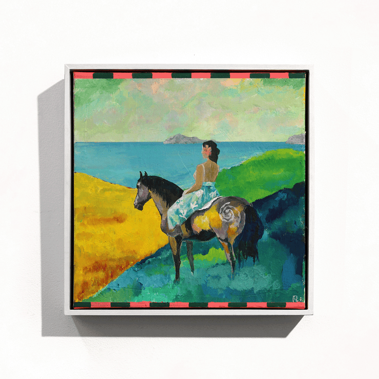 Rakai Karaitiana Maori Art Narrative of Settlers through the significance of the horse framed original acrylic on canvas painting at Boyd-Dunlop Gallery Hawkes Bay Hastings Street Napier