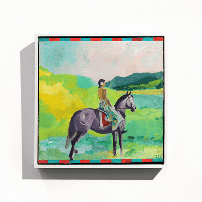 Rakai Karaitiana Maori Art Narrative of Settlers through the significance of the horse framed original acrylic on canvas painting at Boyd-Dunlop Gallery Hawkes Bay Hastings Street Napier