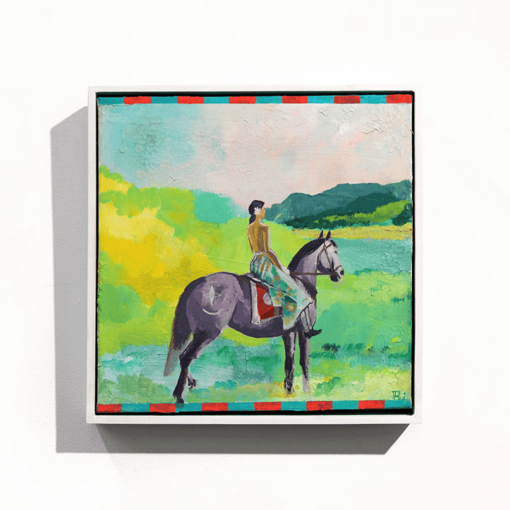 Rakai Karaitiana Maori Art Narrative of Settlers through the significance of the horse framed original acrylic on canvas painting at Boyd-Dunlop Gallery Hawkes Bay Hastings Street Napier