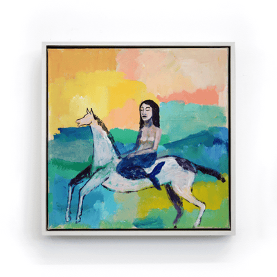 Rakai Karaitiana Maori Art Narrative of Settlers through the significance of the horse framed original acrylic on canvas painting at Boyd-Dunlop Gallery Hawkes Bay Hastings Street Napier