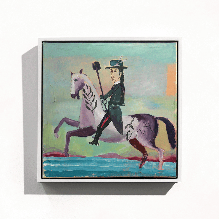 Rakai Karaitiana Maori Art Narrative of Settlers through the significance of the horse framed original acrylic on canvas painting at Boyd-Dunlop Gallery Hawkes Bay Hastings Street Napier