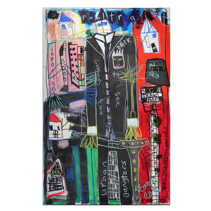 Simon Kerr Abstract Expressionism Expressionist New Zealand Artist Hawkes Bay Art Napier Boyd-Dunlop Gallery Fine Art Acrylic on Board Framed Hastings Street Hawkes Bay Bank Robber art collection art dealer NapierSafe Cracker painter paintings  Large Work