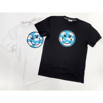 Rock and Roll Clouds Smiley Kind World Love Tshirt Apparel Pink Cloude Love Ghost on Shirt Available in Black or White by Richard Boyd-Dunlop at Boyd-Dunlop Gallery Hawkes Bay Hastings Street 