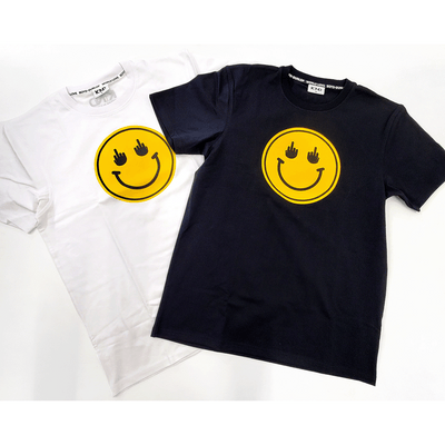 Yeah Nah Smiley Middle Finger Kind World Love Tshirt Apparel Pink Cloude Love Ghost on Shirt Available in Black or White by Richard Boyd-Dunlop at Boyd-Dunlop Gallery Hawkes Bay Hastings Street 