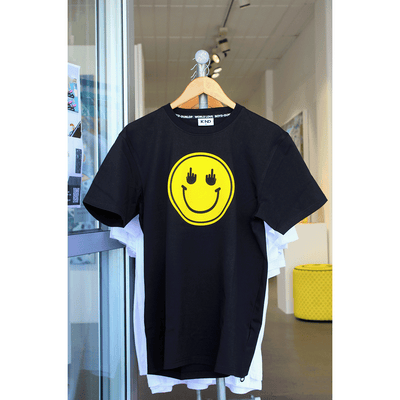 Yeah Nah Smiley Middle Finger Kind World Love Tshirt Apparel Pink Cloude Love Ghost on Shirt Available in Black or White by Richard Boyd-Dunlop at Boyd-Dunlop Gallery Hawkes Bay Hastings Street 