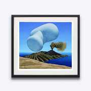 Black framed Floating object over landscape and hill with an erupting volcano in the background titled Untitled (Balloon), 1973 by New Zealand Painter Brent Wong Limited Edition Fine Art Giclee Prints in Surrealism Realism