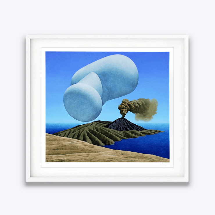 White framed Floating object over landscape and hill with an erupting volcano in the background titled Untitled (Balloon), 1973 by New Zealand Painter Brent Wong Limited Edition Fine Art Giclee Prints in Surrealism Realism