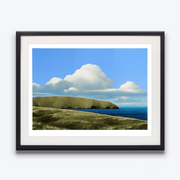 Black frame Serene Landscape with Large clouds and seascape print titled Field, Peninsula, Clouds by New Zealand Painter Brent Wong Limited Edition Fine Art Giclee Prints in Surrealism Realism