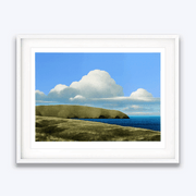 White framed Serene Landscape with Large clouds and seascape print titled Field, Peninsula, Clouds by New Zealand Painter Brent Wong Limited Edition Fine Art Giclee Prints in Surrealism Realism