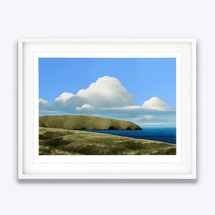 White framed Serene Landscape with Large clouds and seascape print titled Field, Peninsula, Clouds by New Zealand Painter Brent Wong Limited Edition Fine Art Giclee Prints in Surrealism Realism