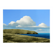 Serene Landscape with Large clouds and seascape print titled Field, Peninsula, Clouds by New Zealand Painter Brent Wong Limited Edition Fine Art Giclee Prints in Surrealism Realism Brent Wong Limited Edition Prints Boyd-Dunlop Gallery Matrix Napier Hastings Street Painting Clouds