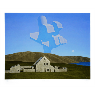 Floating shapes above concrete structure of a house within a landscape of hills titled Matrix, 1971  New Zealand Painter Brent Wong Limited Edition Fine Art Giclee Prints in Surrealism Realism