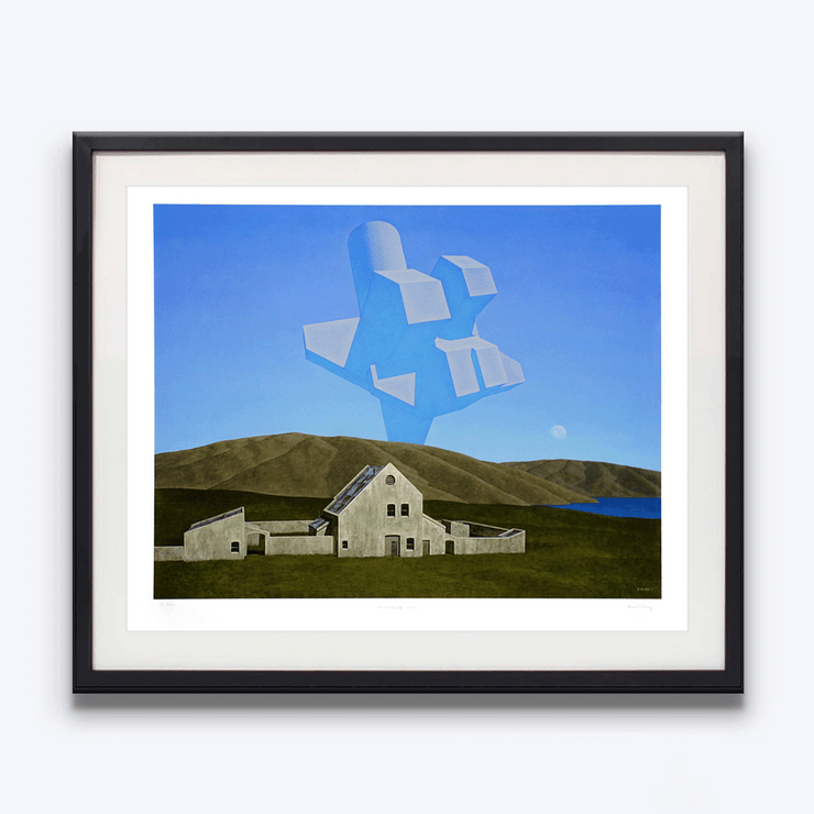 Black framed Floating shapes above concrete structure of a house within a landscape of hills titled Matrix, 1971  New Zealand Painter Brent Wong Limited Edition Fine Art Giclee Prints in Surrealism Realism
