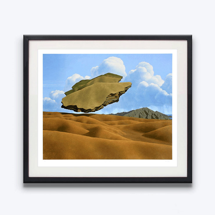 black framed Floating earth over landscape The Wandering Land, 1974 by New Zealand Painter Brent Wong Limited Edition Fine Art Giclee Prints in Surrealism RealismNew Zealand Painter Brent Wong Limited Edition Fine Art Giclee Prints in Surrealism Realism