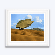White framed Floating earth over landscape The Wandering Land, 1974 by New Zealand Painter Brent Wong Limited Edition Fine Art Giclee Prints in Surrealism RealismNew Zealand Painter Brent Wong Limited Edition Fine Art Giclee Prints in Surrealism Realism