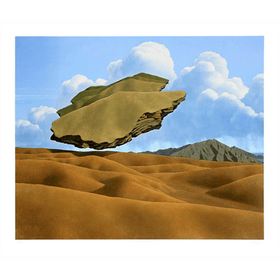 Floating earth over landscape The Wandering Land, 1974 by New Zealand Painter Brent Wong Limited Edition Fine Art Giclee Prints in Surrealism RealismNew Zealand Painter Brent Wong Limited Edition Fine Art Giclee Prints in Surrealism Realism Brent Wong Limited Edition Prints Boyd-Dunlop Gallery Matrix Napier Hastings Street Painting Clouds