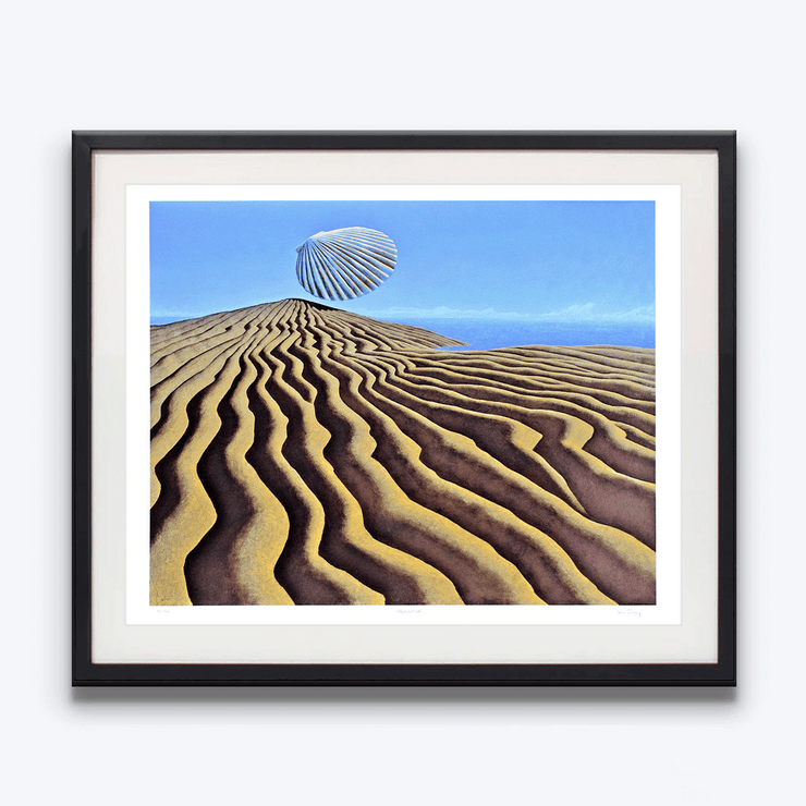 Black framed Shell floating over sandy hills with the ocean in the distance titled Trauma by New Zealand Painter Brent Wong Limited Edition Fine Art Giclee Prints in Surrealism Realism