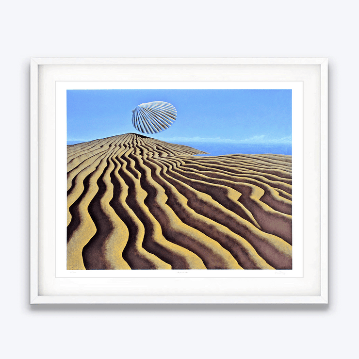 White framed Shell floating over sandy hills with the ocean in the distance titled Trauma by New Zealand Painter Brent Wong Limited Edition Fine Art Giclee Prints in Surrealism Realism