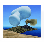 Floating object over landscape and hill with an erupting volcano in the background titled Untitled (Balloon), 1973 by New Zealand Painter Brent Wong Limited Edition Fine Art Giclee Prints in Surrealism Realism