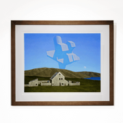 White framed Floating shapes above concrete structure of a house within a landscape of hills titled Matrix, 1971 New Zealand Painter Brent Wong Limited Edition Fine Art Giclee Prints in Surrealism Realism