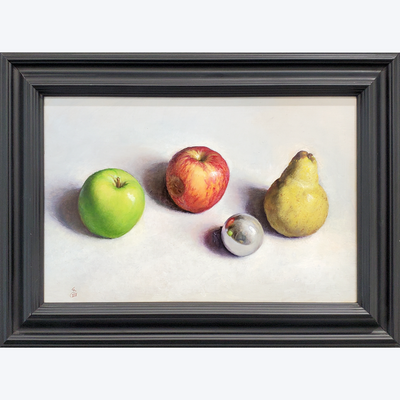 Fruit with Decoration Zarahn Southon Realism Oil on Board Painting Original Still Life Pear Apple Study Boyd Dunlop Gallery Contemporary Fine Art Hawkes Bay Napier Hastings Street