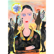 Boyd-Dunlop Gallery Napier Hawkes Bay John Boyd-Dunlop Painting Figures Humanity Drawing Gouache Ink Figures. Woman with a turkey on each shoulder, fish necklace, sun.